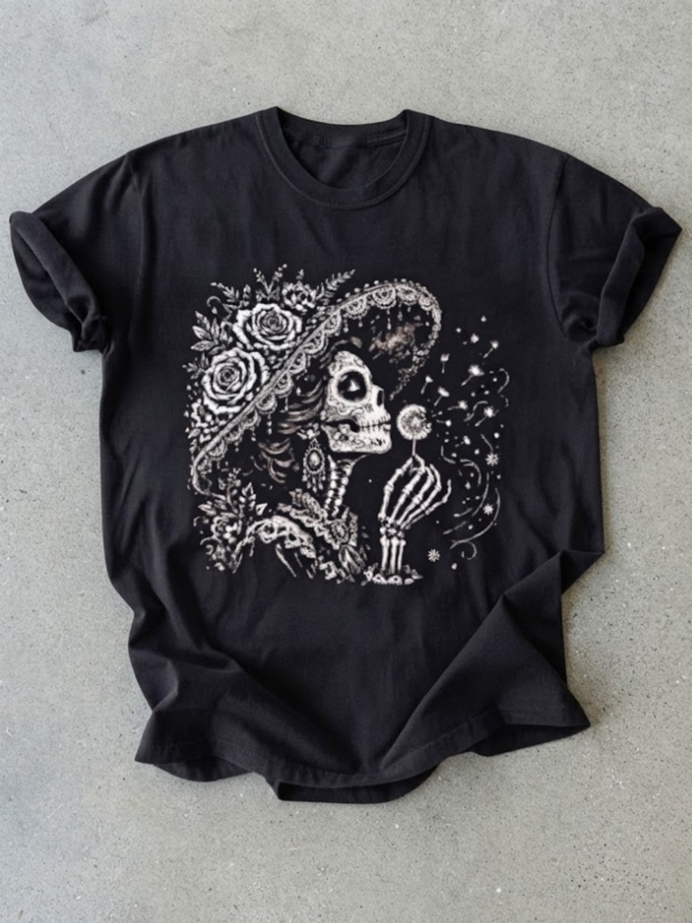 La Calavera Catrina Sugar Skull Floral Hat Dandelion Gildan T-Shirt